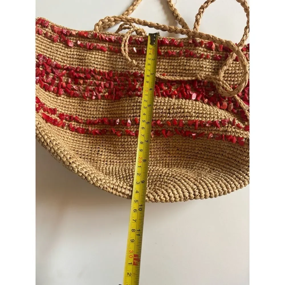 Vintage 80’s J. Crew Straw Hobo Bag with Natural Coral Stones ~ Excellent
